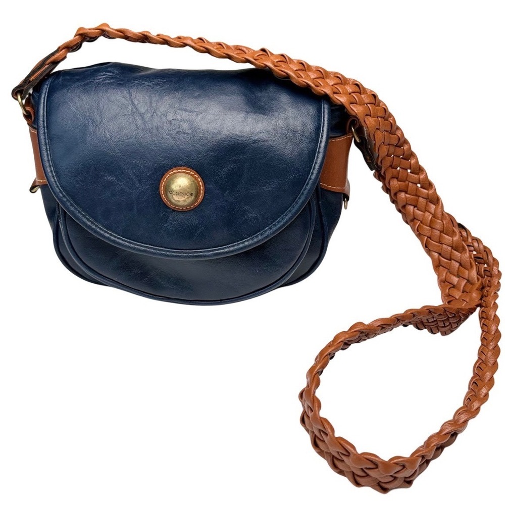 Vintage Capezio Navy Blue Leather Braided Crossbody Saddle Bag Boho Western 80s